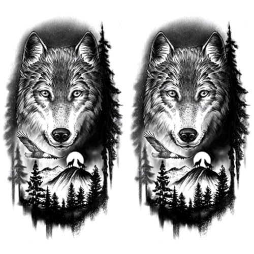 Oottati 2 Sheets Realistic Animal Temporary Tattoos Stickers Wolf Forest Designs For Men Waterproof Arm Leg Fake Body Art, Gym & Parties Bold Masculine Decals