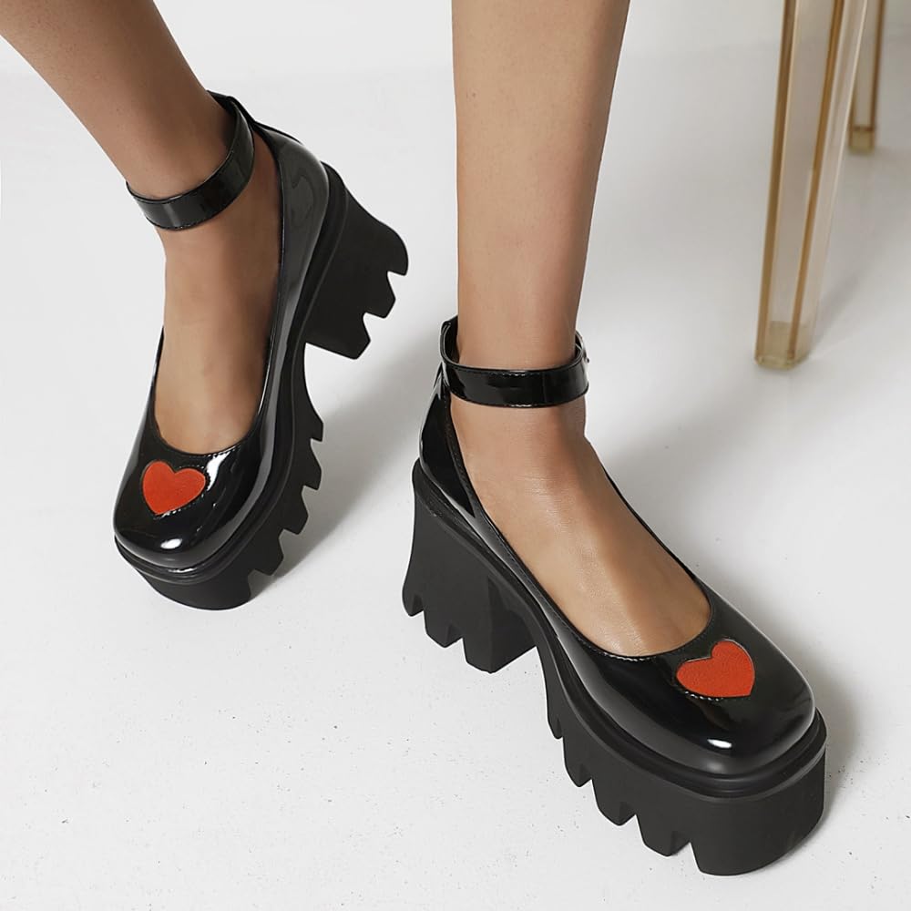 LVJMJ Mary Jane - Scarpe da donna con tacco grosso, plateau, punta quadrata, cinturino alla caviglia, fibbia retrò, gotico, stile scuro, in pelle PU, piattaforma frontale 4 cm, tacco 8 cm