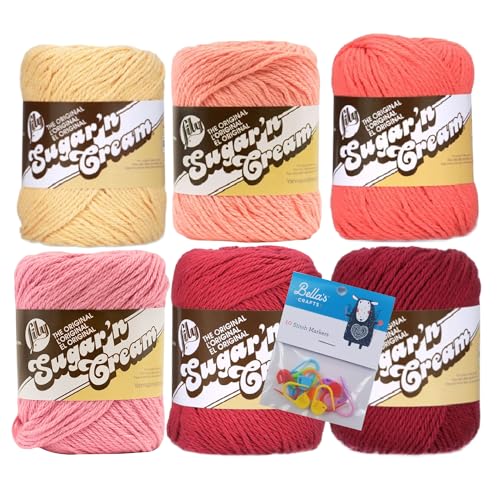 Image of Lily Sugar'n Cream 100% Cotton Yarn 6-Pack Bundle with Bella's Crafts Stitch Markers (Sunset)