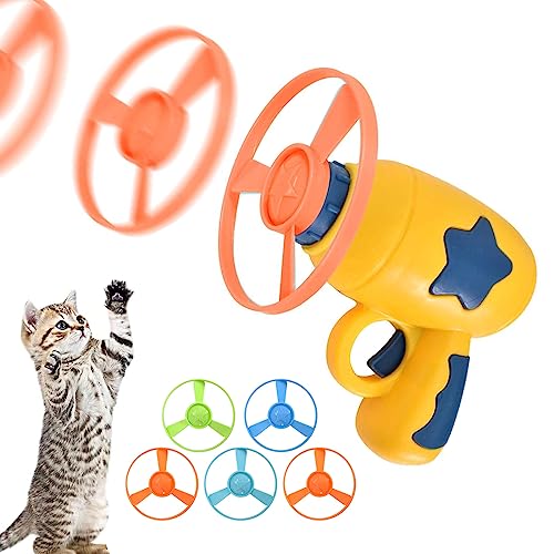 Cat Fetch Toy Katze Spielzeug, Haustier Spielzeug Bunte Fliegende Propeller Disc Katzenspielzeug Chasing Untertasse mit 1 Launchers und 5 Propellers Zufällige Farbe, Kätzchen Tracking Spielzeug