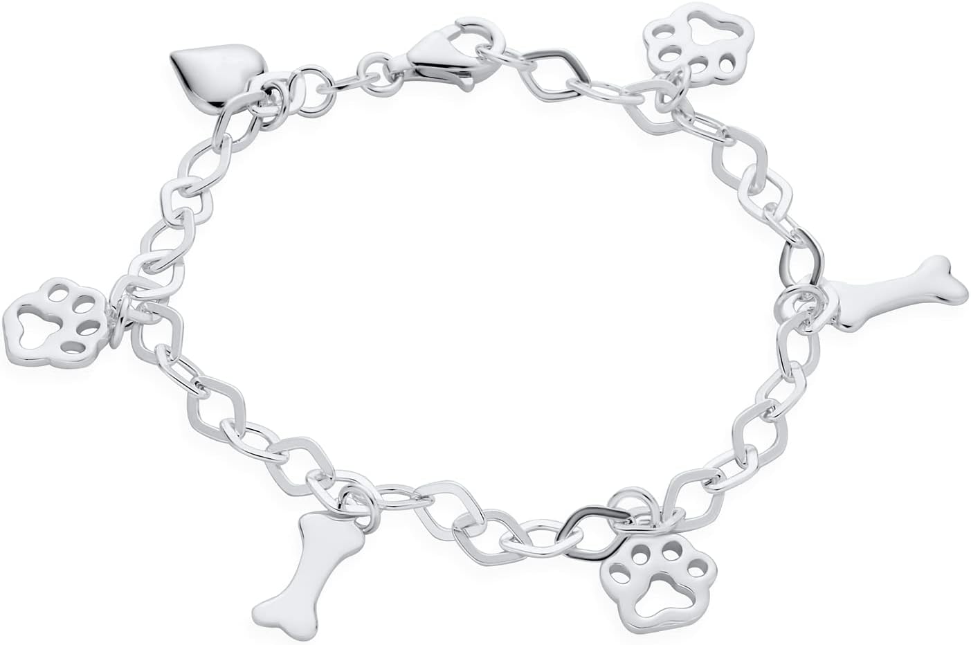 Layering Best Friend Animal Multi BFF Pet Lover Dog Puppy Link Multi Charm Bone & Paw Print Bracelet and Earrings Jewelry Set for Women Teenagers .925 Sterling Silver 7.5 Inch