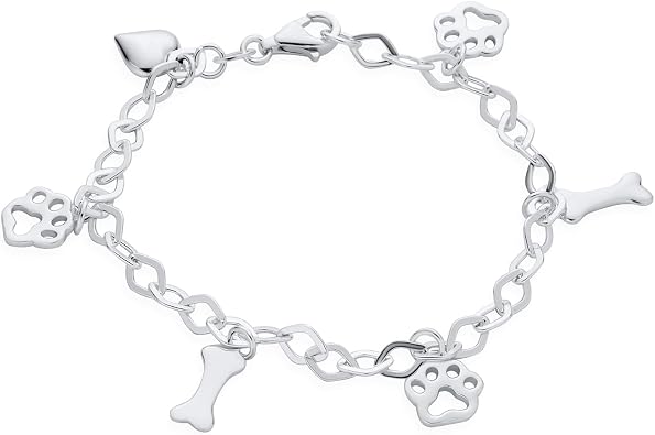Bling Jewelry Layering Best Friend Animal Pet Lover Dog Puppy Link Multi Charm Dangling Heart, Bone & Paw Print Bracelet For .925 Sterling Silver 7 Inch