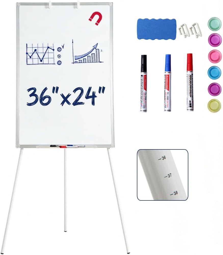 FORTUNO 36x24 Tripod Whiteboard, Magnetic Dry Erase Board with Stand,Height Adjustable Portable Sturdy White Board for Homeschool Office Classroom, White