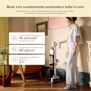 roborock H60 Hub Aspirapolvere Senza Fili con Base di Auto-Svuotamento, Autonomia 60 min, Scopa Elettrica da 115 AW per Peli di Animali Domestici, Spazzola Anti-Groviglio, LED Verde