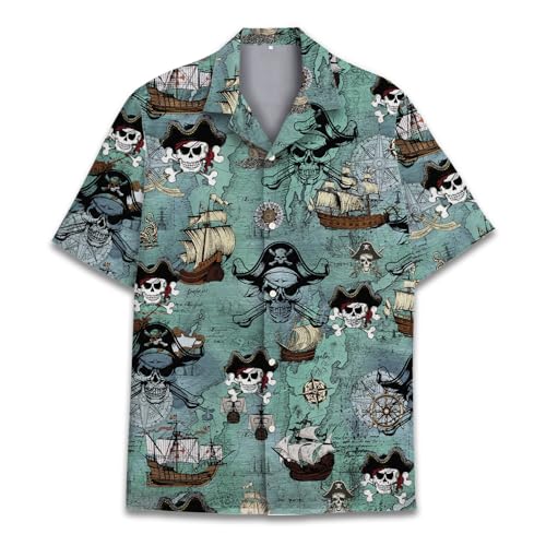 Pirate Skull Hawaiian Shirts for Men Women, Vintage Skull Pirate Treasure Map Shirt Button Down Short Sleeves