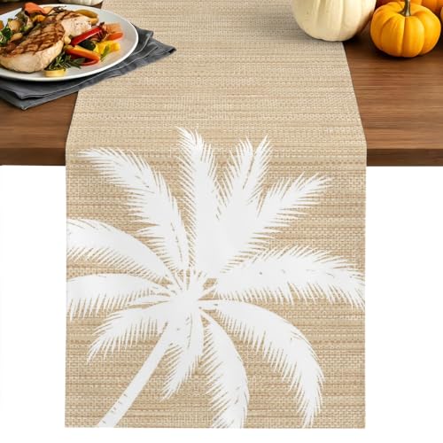 Tropical Palm Tree Table Runner - 72 Inch Long, Beige Summer Coconut Coastal Leaves Kitchen Dining Table Runner Dresser Scarves, Farmhouse Decor for Coffee Tables Wedding Party Banquet