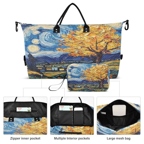Weekender Bags Travel Duffel Gym Bag Yellow Tree Van Gogh Style Carry on Overnight Tote Bag with Toiletry Bag for Airplane Travel Trip Gym Yoga2