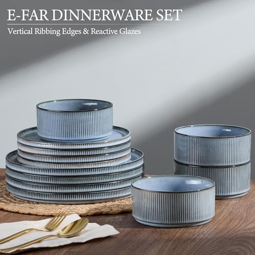 Image of E-far Stoneware Dinnerware Sets, 18-Pieces Modern Plates and Bowls Sets, Kitchen Dinning Porcelain Dishes Set for 6, Chip & Scratch Resistant, Dishwasher & Microwave Safe, Dusty Blue