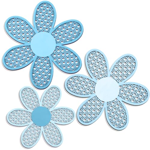 Image of Maitys 3 Pieces Boho Daisy Wall Decor Natural Rattan Flower Wall Hanging Art Wooden Boho Art Nursery Flowers Farmhouse Hanging Decor for Home Office Nursery(Gradient Blue)