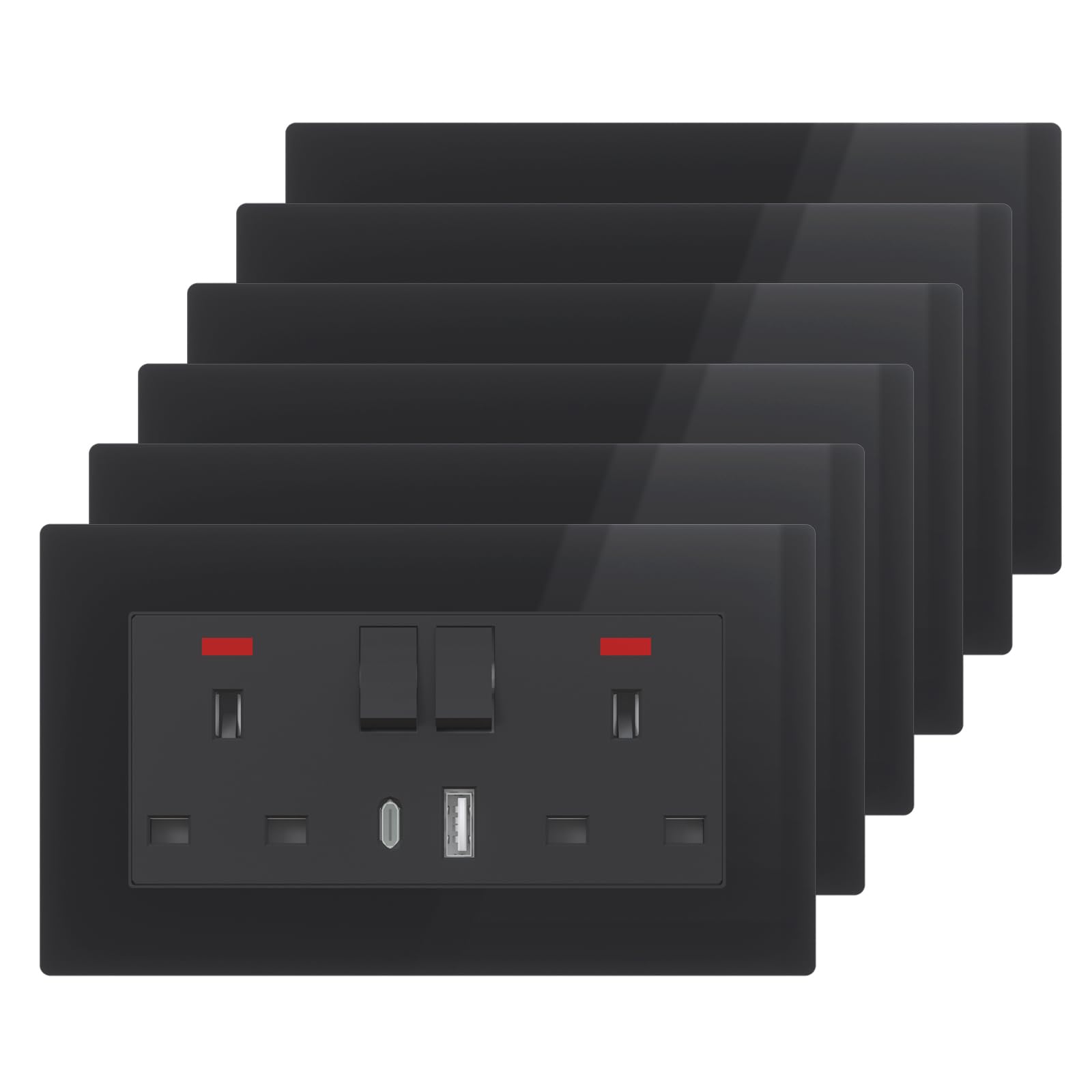 BSEED Double Plug Socket with USB C and USB A,UK Standard Electric Power,Save Space,2 Gang-6 Pack,146mm Black