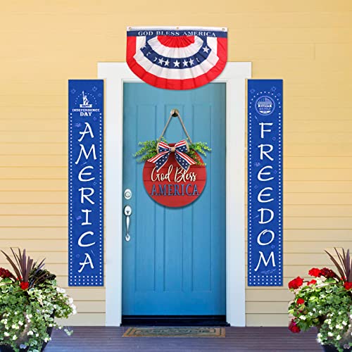 4Th Of July Patriotic Wreaths For Front Door, Americana Memorial Day God Bless America Patriotic Decor, Independence Day Summer Farmhouse Patriotic Door Hanger, Red White Blue Sign #TOP5