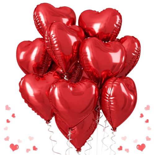 Red Heart Balloons 18 Inch Metallic Red Foil Balloon Helium 10Pcs Large Ruby Heart Shape Foil Balloons for Wedding Girls Women Birthday Anniversary Bachelorette Valentines Day Baby Shower Mother Day