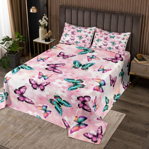 jejeloiu Kids Butterfly Coverlet Set King Size, Butterflies Print Quilted Coverlet Butterfly Floral Bedspread Boys Girls Teens Bedroom Decor 3Pcs