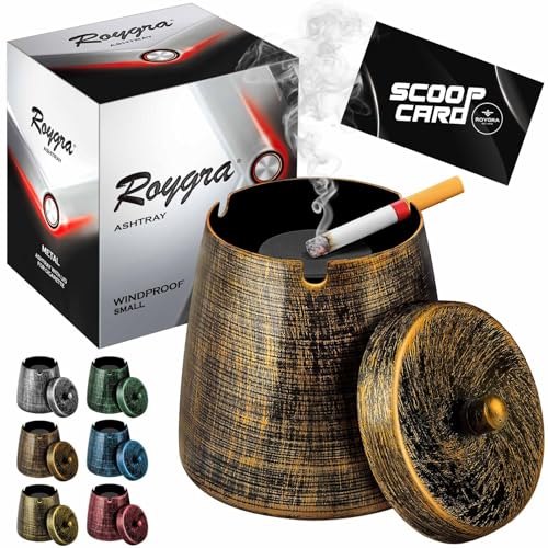 roygra Ash Tray with Lid, Outdoor Ashtray for Outside Patio, Smokeless Metal Ashtrays for Cigarettes with 3 Holder, Smoking Accessories, Home Décor, Ashtrays for Smokers Indoor - Bronze, Small