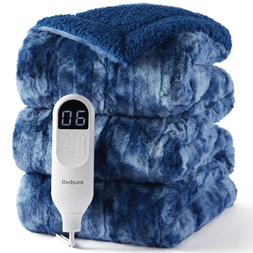 Image of Bedsure Faux Fur Heated Blanket Twin Size, Fast Heating Electric Blanket Twin Size with 6 Heating Levels & 10 Time Settings, Cozy Gifts for Women Men (62x84 inches, Denim Blue)