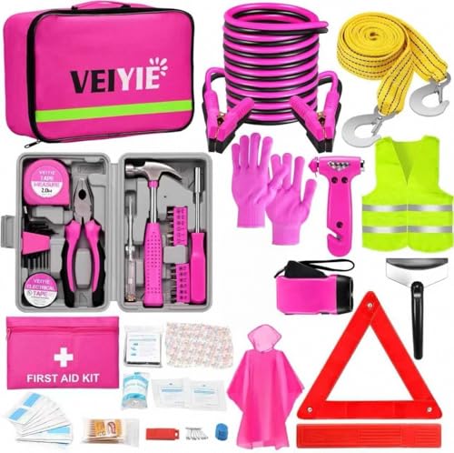 VEIYIE Roadside Emergency Car Kit for Vehicles, Pink Car First Aid Kit Emergency Kit with Jumper Cables, Car Safety Kits, Tow Strap, Tool Kit, Road Trip Assistance for Men, Women, New Driver Gifts