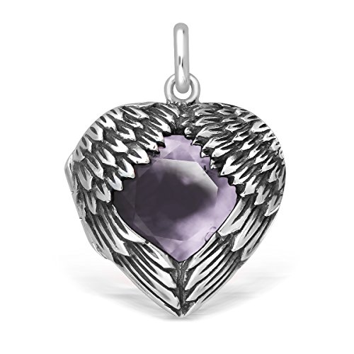 WithLoveSilver 925 Sterling Silver Feather Angel Wing Heart Love Simulated Cubic Zirconia Pendant Locket (Purple)