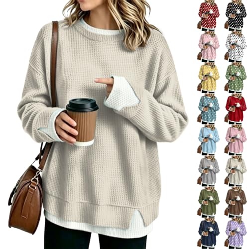 Waffle Knit Crewneck Sweatshirts Women Oversized Layered Pullover Beige - image 1