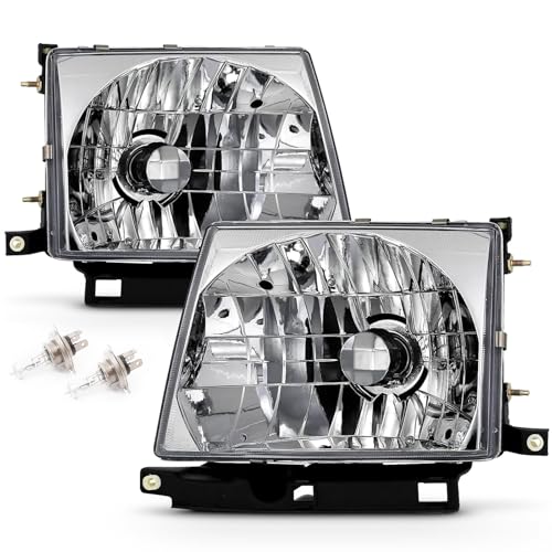 For 1997 1998 1999 2000 Toyota Tacoma Headlight Headlamp Assembly Compatible with 97-00 Toyota Tacoma Head Lights Replacement L+R Chrome Clear w/Bulbs