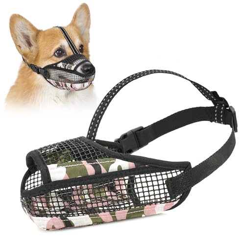 Soft Mesh Dog Muzzle with Reflective Adjustable Strap, Lightweight Muzzle for Large Medium Small Dogs, Prevents Biting Chewing Licking, Open Nose Design for Comfort (Pink, S)