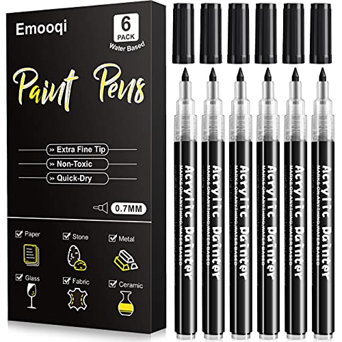 Black Paint Pens, Emooqi 6 Pack 0.7mm Acrylic White Permanent Marker for Rock Painting, Wood, Ceramic, Graffiti, Metallic, Paper, Drawing, Water-based Extra Fine Point, Ideal for Artist & Students