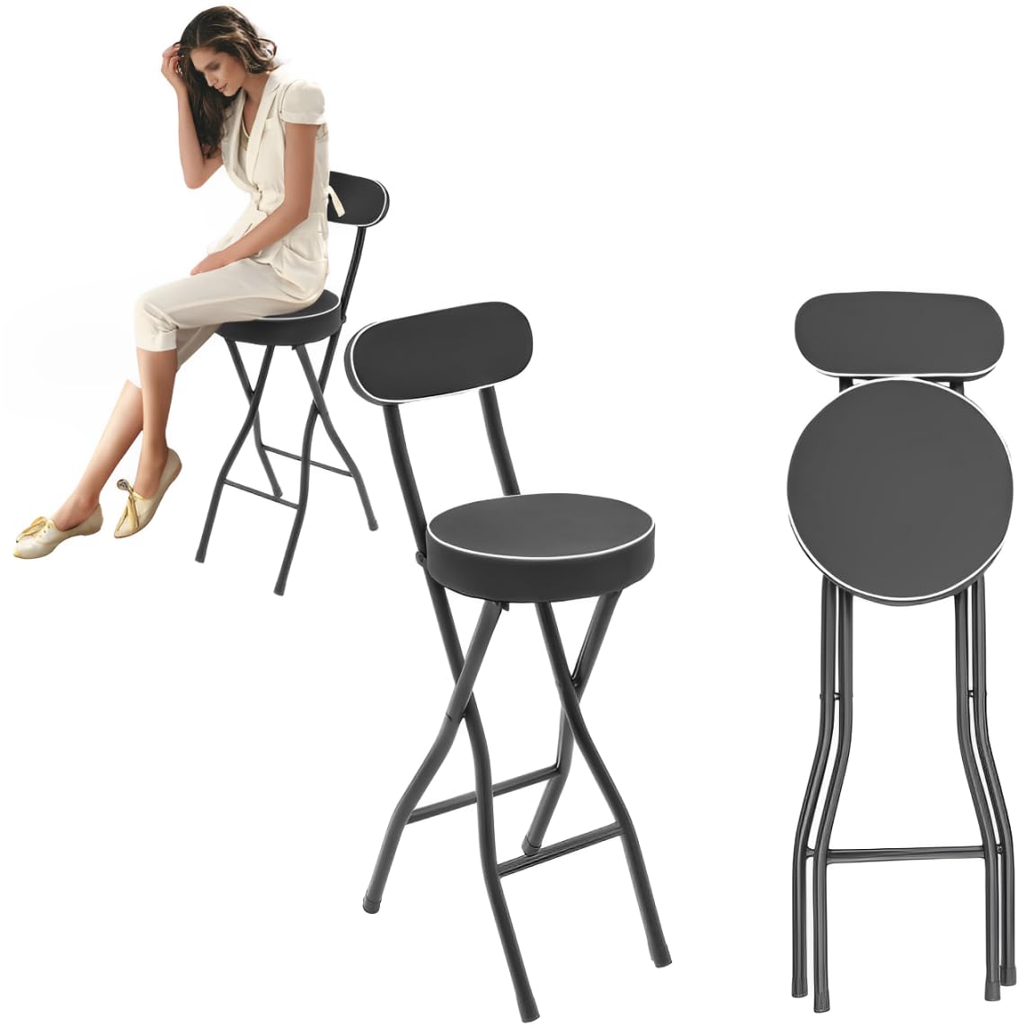 Urban Living Lot de 2 tabourets pliants et portables rembourrés - Tabouret de bar - Structure en acier robuste - Tabouret de cuisine - Noir