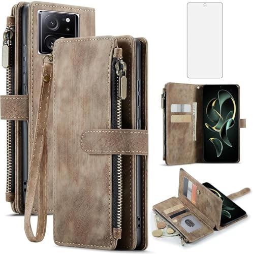 Housse Xiaomi 13T Pro 5G étui portefeuille clapet cuir marron porte carte et verre trempé Redmi