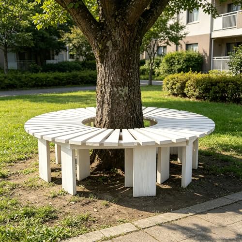 Banco de madera envolvente para árbol y asiento de jardín circular medio redondo de exterior 2