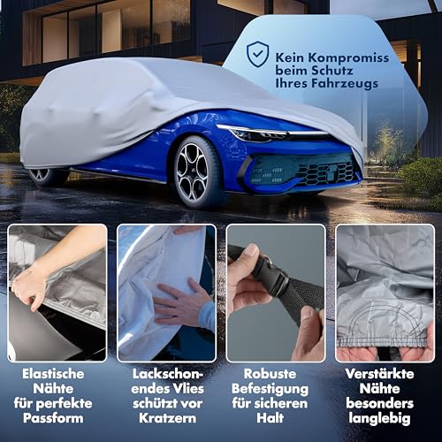 WALSER Abdeckplane Auto All Weather, Abdeckplane wasserdicht, 100% wetterfeste Auto Abdeckung, Autoabdeckung Outdoor, Abdeckung wasserdicht, Autoplane Vollgarage Größe 1 PKW Silber