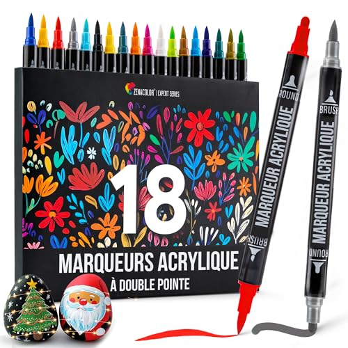 Zenacolor Feutre Acrylique à Double Pointe (Pointes Fines et Pinceau) - 18 Couleurs Uniques de Marqueur Acrylique pour Diverses Surfaces et Œuvres d'Art - Feutres Peinture