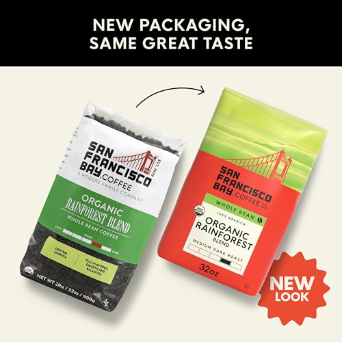 Image of San Francisco Bay Whole Bean Coffee, Organic Rainforest Blend (32 oz Bag), Medium-Dark Roast, USDA Organic Coffee Beans