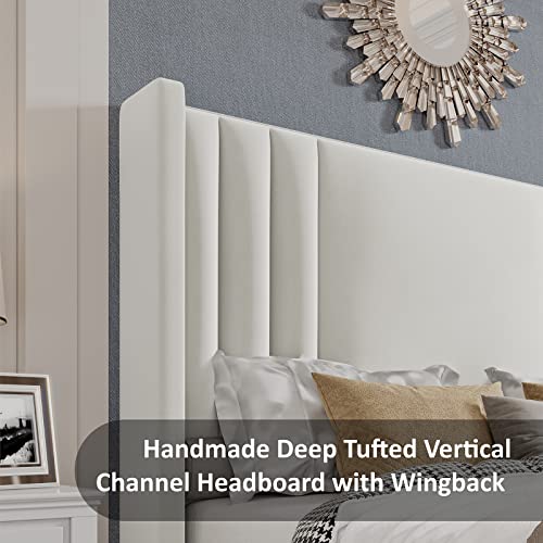 Albott Queen Size Platform Bed Frame, Upholstered Bed With Vertical Channel Tufted Wingback Headboard & Footboard, Premium Velvet, No Box Spring Needed, White #TOP3