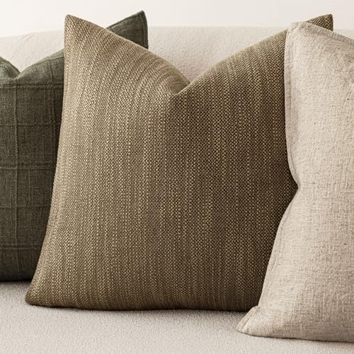 Image of Foindtower Set of 2 Decorative Textured Burlap Linen Throw Pillow Covers Farmhouse Boho Cushion Cover Solid Accent Pillowcase for Couch Sofa Bed Living Room Home Decor,18x18 Inch,Cocoa Brown