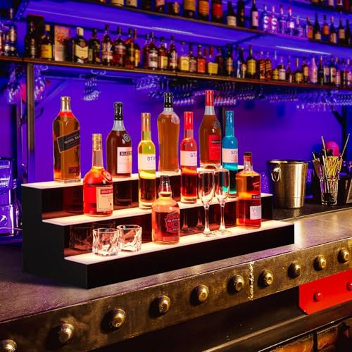 3 Tiers LED Lighted Liquor Bottle Display,30in LED Liquor Shelf with Remote & App Control,Bottle Shelf 16 Colors,4 Modes,Multi-Color Lighting Modes,Bars