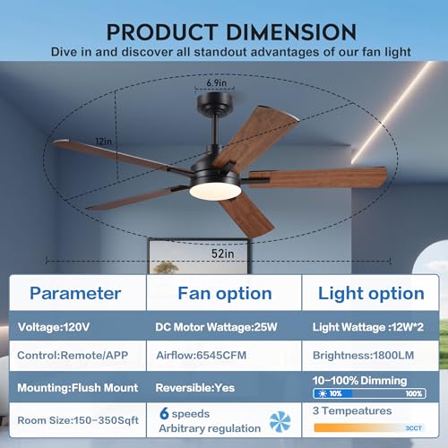 Image of JSAITEE 52 Inch Smart Ceiling Fan with Lights, Remote & App Control, DC Reversible Motor, 6 Speeds Quiet 35dB, 3CCT Dimmable LED, Low Profile Modern Ceiling Fans for Bedroom Living Room, Brown