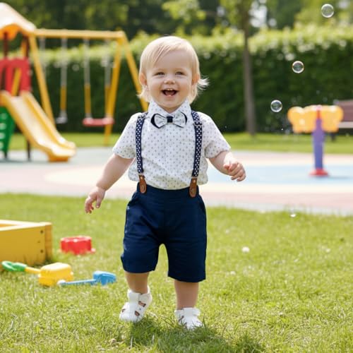Image of Volunboy Baby Boy Formal Short Set Toddler Summer Gentleman Outfit Kid Short Sleeve Bowtie Shirt Suspender Shorts Suit