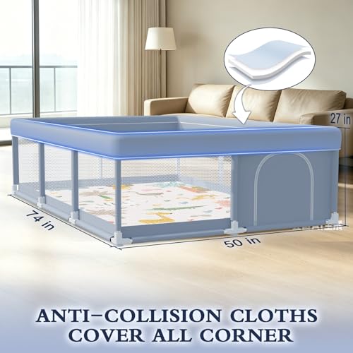 Image of XVISHX 74 x 50 Inch Baby Playpen with Mat, Playpen for Babies and Toddlers, Baby Playard for Indoor & Outdoor Active Center Game Fence, with Skin-Friendly Fabric and Soft Breathable Mesh, Grey