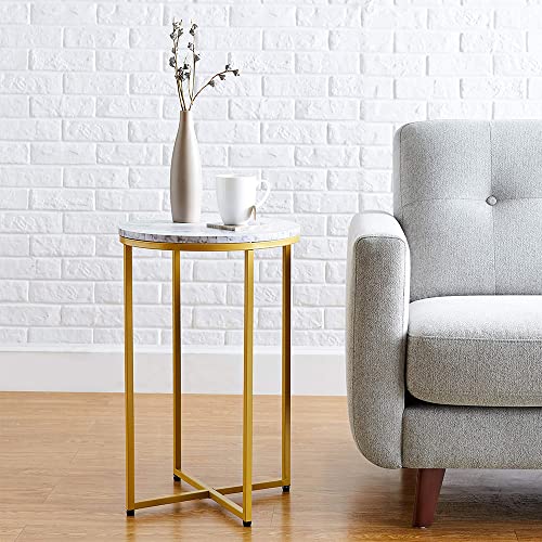 Azl1 Life Concept Concept Modern X-Shaped Small Round Side End Accent Table,Corner Decor/Nightstand For Home Office Living Room Bedroom Marble + Gold, 16 Inches, White #TOP1