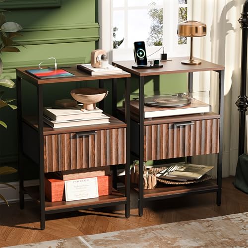 Image of VINGLI Nightstands Set of 2 with Fabric Drawer, Walnut Nightstand with Charging Station, Fluted Night Stands, Bedside Tables /End Tables with Charger Station, Side Table Bedroom,Small Night Stand,2 pcs
