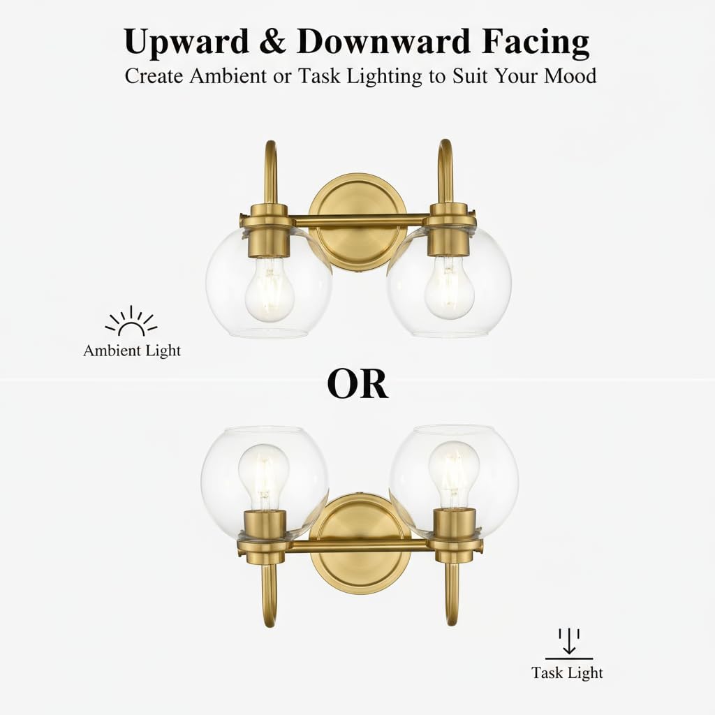 Gold Vanity Light – 2 Light Bathroom Fixture with Clear Glass Shades, Modern Wall Sconce for Mirror, Vanity Lighting for Bathroom Bedroom Hallway Living Room