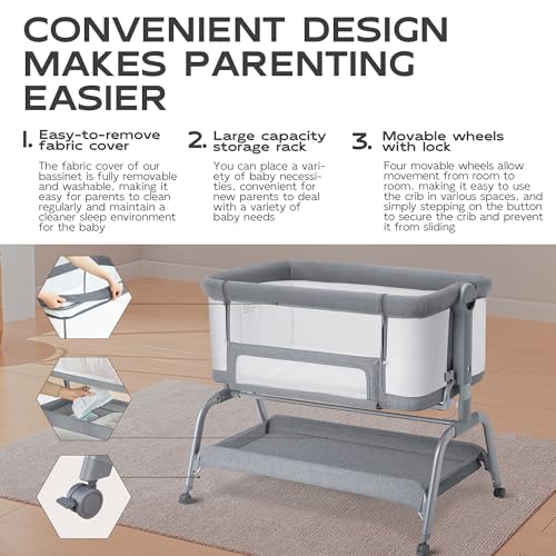 Image of BabyBond Baby Bassinet, 3 in 1 Bassinet Bedside Sleeper with Washable Soft Mattress and Sheet, 6 Height Adjustable Bedside Crib, 4-Sided Mesh Bedside Bassinet for Baby