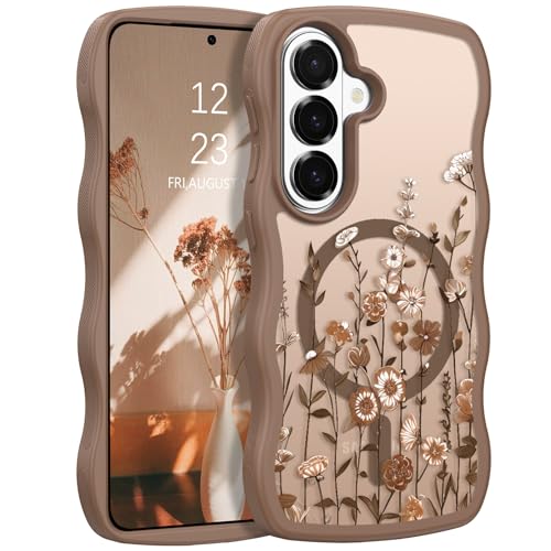 GUAGUA for Samsung Galaxy S26 Plus Case, Magnetic Cases Cute Flower Pattern Wavy Edge Full Camera Protection Anti-Slip Bumper Women Girls Boys Slim Protective Phone Case for Galaxy S26 Plus, Brown