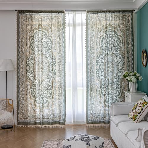 Image of Sage Green Medallion Curtains 72 Inches Long, Boho Farmhouse Light Filtering Rod Pocket Drapes with Tassel Trim for Bedroom Living Room, 2 Panels