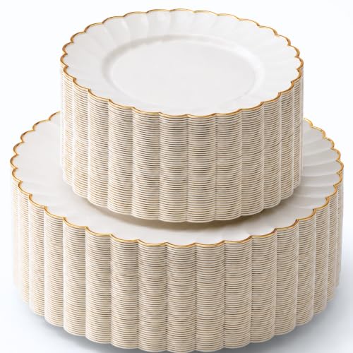 By Madee HEAVYWEIGHT 100 Pc Ivory and Gold Scalloped Disposable Plates