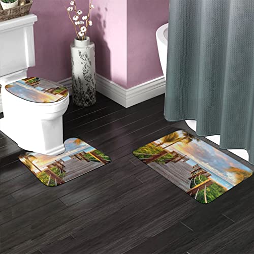 DIRYKILP Badematte + Konturmatte + Toilettendeckelbezug, Palmen Strand 3 Stück Badematte Set, mit rutschfester Klebeunterseite – Bild 3
