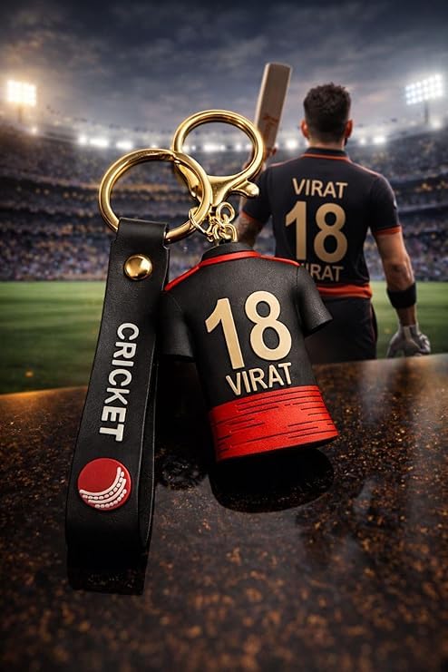 Cricket Jersey Keychain No. 18 Virat Design | 3D Mini T-Shirt Key Ring for Bike, Car & Keys | Premium Metal & Silicone Keychain for Cricket Lovers Gift | Black & Red-image-48
