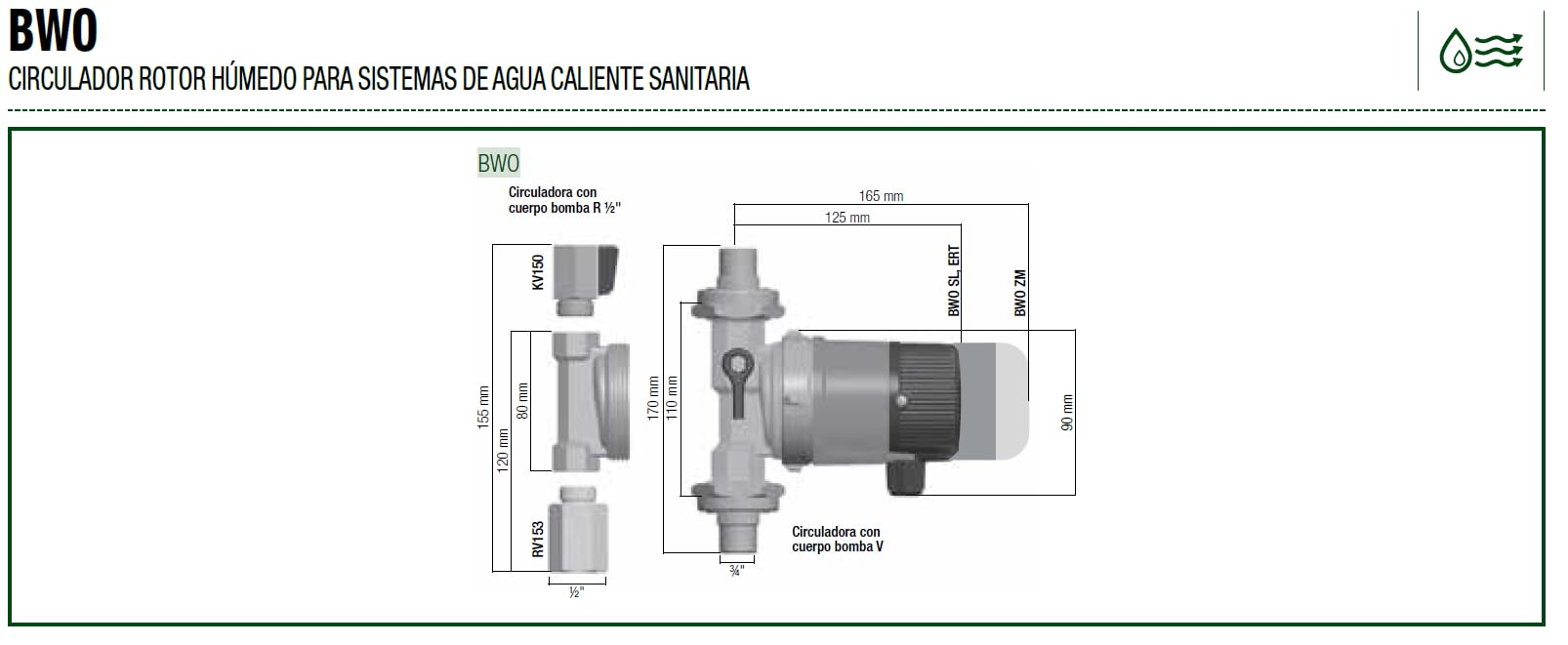 Bomba circuladora agua caliente sanitaria BWO 155 R ZM referencia 433121010 DAB