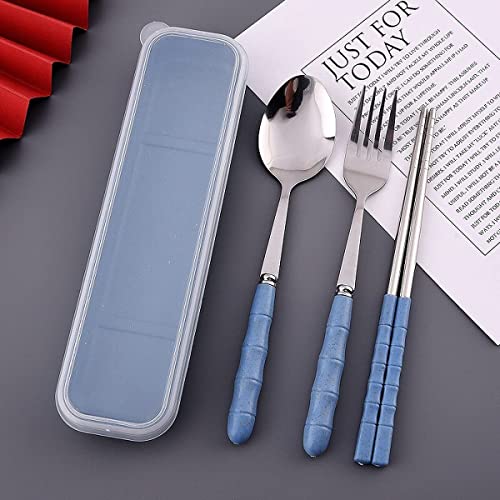 Image of INOVERA (LABEL) 3 Pieces Cutlery Set of Spoon, Fork, Chopsticks - Reusable Tableware Cutleries with Case - Dining Accessories Sets for Travel, Office, Home (Blue)