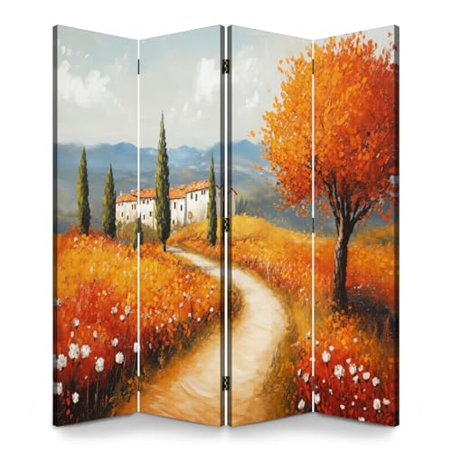 4 Panels Folding Screen Room Divider Rustic Trails Orange Flowers