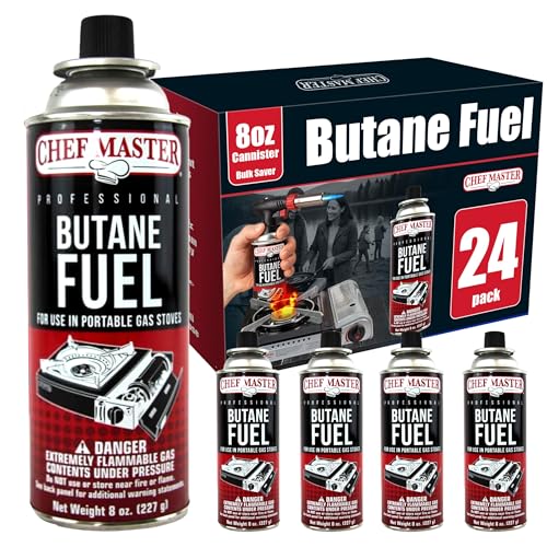 Chef Master 90340 | Pack of 24 Butane Fuel Cylinders| 8oz Butane Canisters for Portable Stove | Butane Torch Replacement Canisters